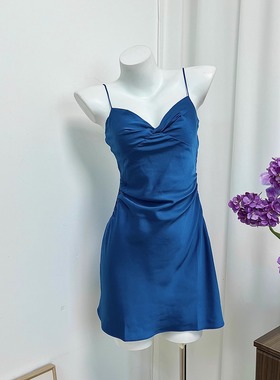 小俞家 contton cand* 纯欲风孔雀蓝胸前扭绳后背绑绳吊带连衣裙