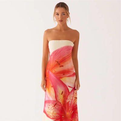 小俞家 peppermay* 淡黄色百合抹胸雪纺连衣裙气质法式慵懒长裙