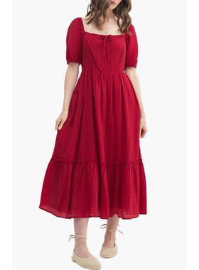 小俞家 lus* 甜美可爱风红色蝴蝶结方领泡泡袖长裙修身显瘦温柔夏