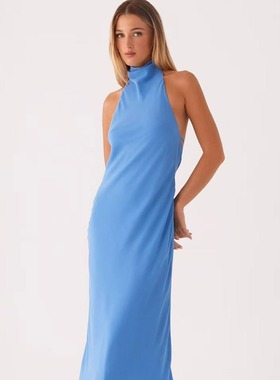 小俞家 pp家性感挂脖纯欲风纯蓝色坎肩显瘦气质长裙露背连衣长裙