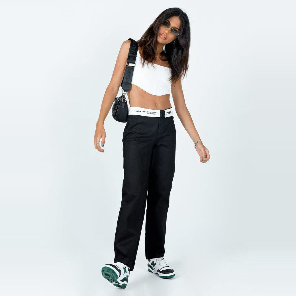 小俞家 princess poll*家黑色白边直筒裤子牛仔裤休闲百搭长裤