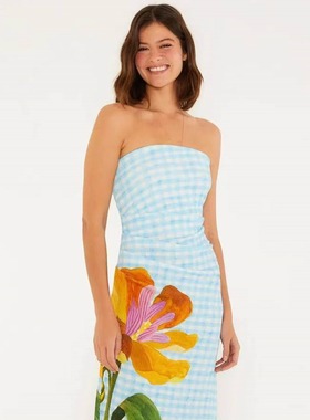 小俞家 FAR* 沙滩海岛蓝格黄色印花花朵抹胸连衣裙度假气质优雅夏