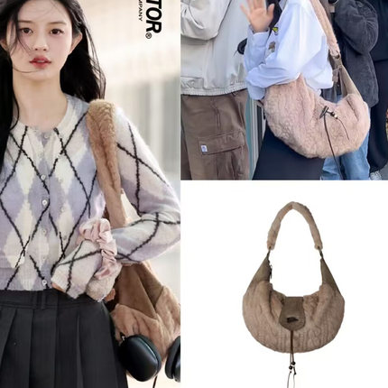 2025新款minju同款手提斜挎包sculptor花纹牛角扣毛绒单肩包女包