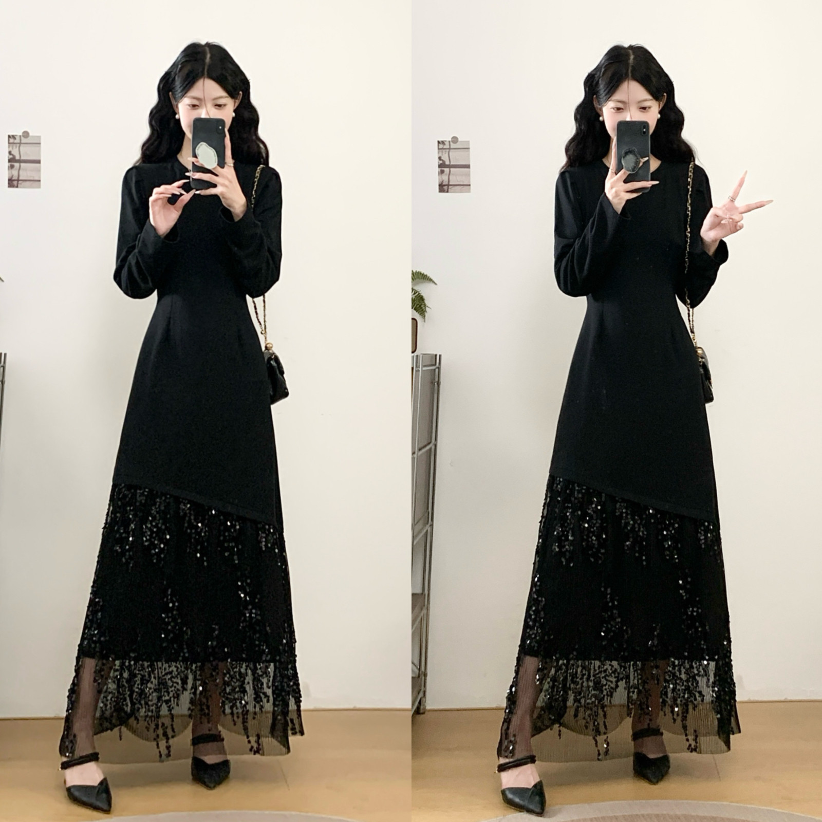 【工厂清仓】大码女装实拍2026春季不规则拼接亮片网纱连衣裙