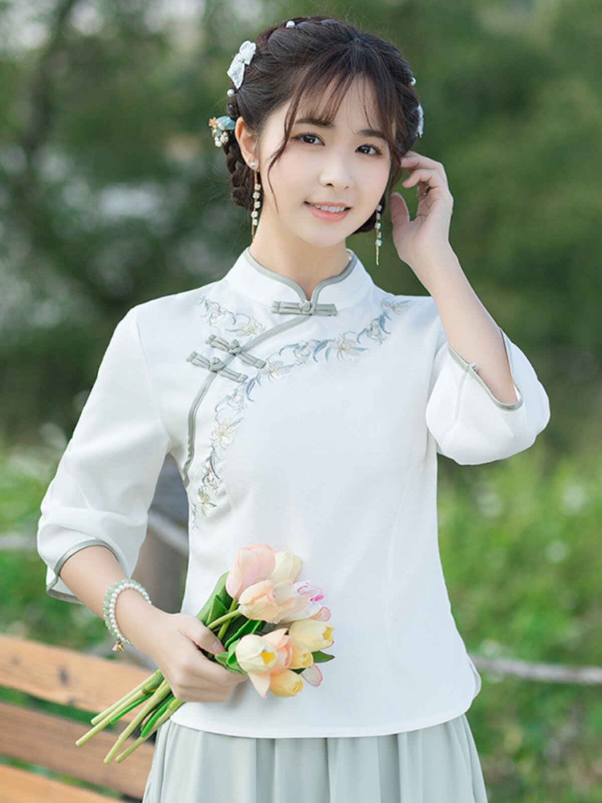 [LOSS OF MONEY PROCESSING] SPRING AND AUTUMN COTTON AND LINEN PLACKET BUCKLE LITERARY RETRO STYLE TOP ELASTIC WAIST SKIRT SET