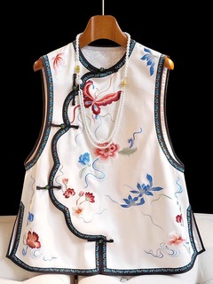 新中式国风重工刺绣设计款改良版国潮气质文艺开叉不规则缎面马甲