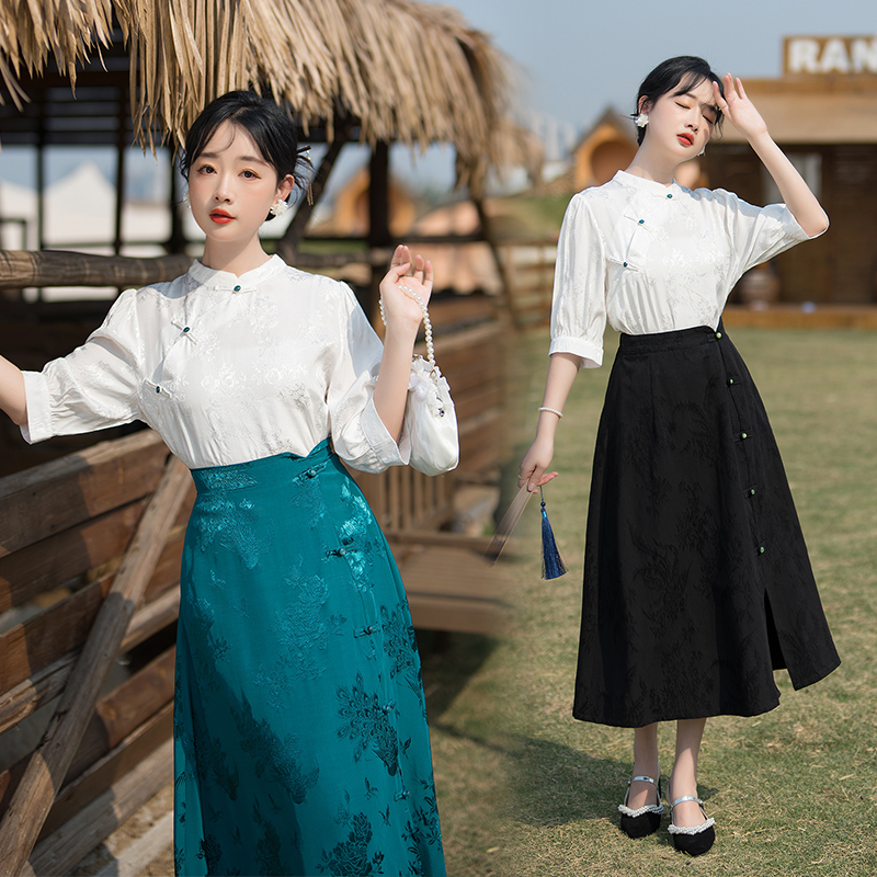 【特价清仓】新款新中式国风女装衬衫气质显瘦半身裙两件套套装女