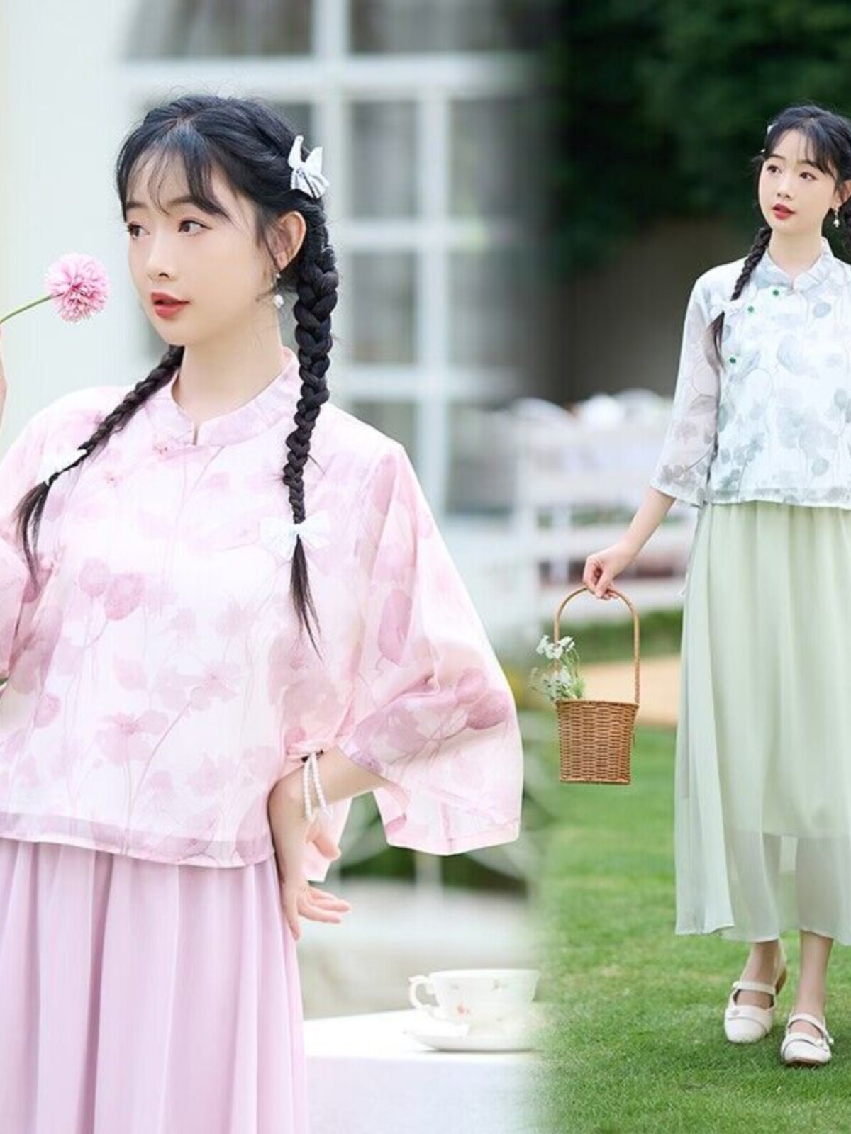 [LOSE MONEY SPECIAL] CHINESE STYLE PRINT LOOSE AND COMFORTABLE BIAS PLACKET IMPROVED VERSION OF THE TOP VERSATILE SKIRT TWO-PIECE SET