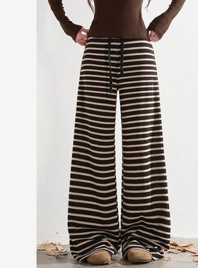 H1003【松弛主义】秋冬新款抽绳休闲宽松慵懒条纹阔腿裤子加绒女