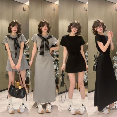 韩系慵懒风松弛感配披肩短袖连衣裙夏季胖MM显瘦减龄高级感穿搭