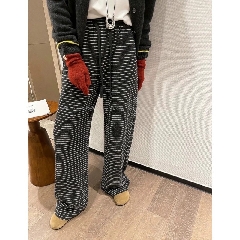 秋冬新加厚婴儿绒条纹阔腿裤女款松紧腰显瘦休闲裤直筒抽绳毛巾裤