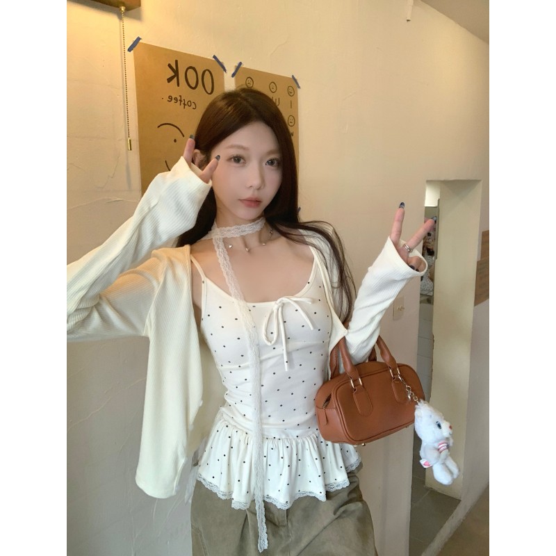 kumikumi甜美风薄款长袖开衫外套女秋季内搭波点蕾丝边吊带两件套