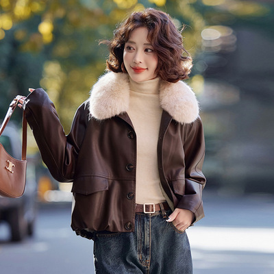 美拉德加绒皮衣短外套女2024冬季新款加厚保暖时尚减龄皮夹克上衣