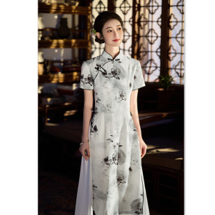 高端2025春夏新品 改良少女奧黛旗袍水墨畫優(yōu)雅寬松版 日常中式 長款