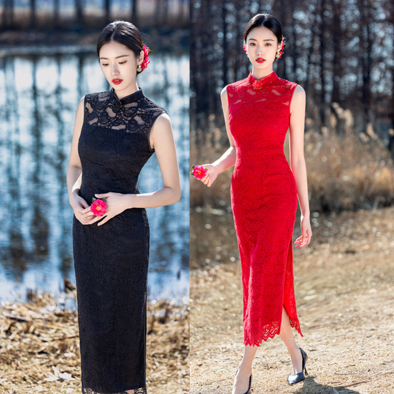 高端现代时尚改良新中式长款蕾丝无袖旗袍2025春新款年轻女士婚宴