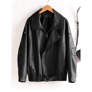 海宁泡纹绵羊皮真皮皮衣杨树林廓形宽松大版酷飒机车皮夹克外套潮