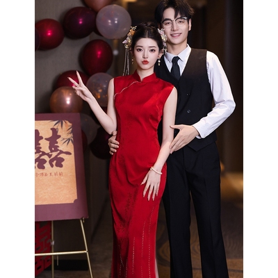 高端红色旗袍敬酒服结婚当天新娘便装回门新中式订婚宴礼服无袖女