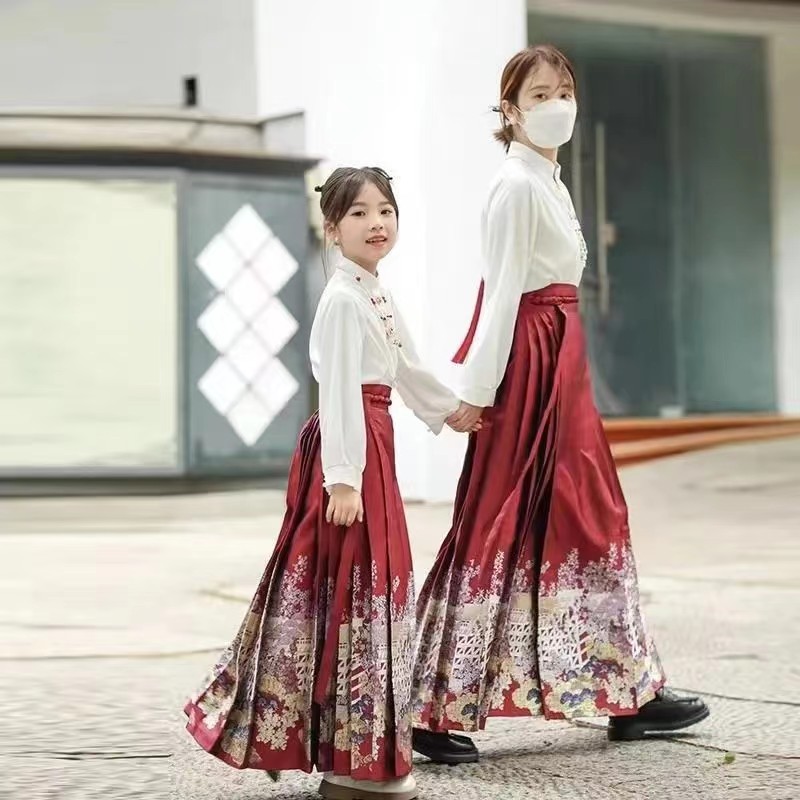马面裙女童国潮风亲子装新款明制儿童汉服长款连衣裙汉服马面裙成