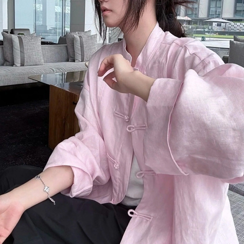 新中式粉色亚麻外套2026春装气质高端超好看独特漂亮国风盘扣上衣