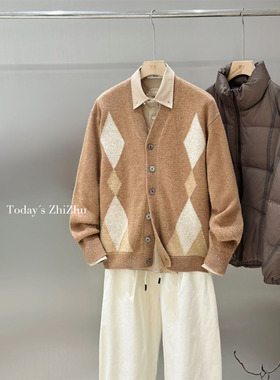 制著男装经典美式复古老钱风菱形格羊毛开衫  M18068