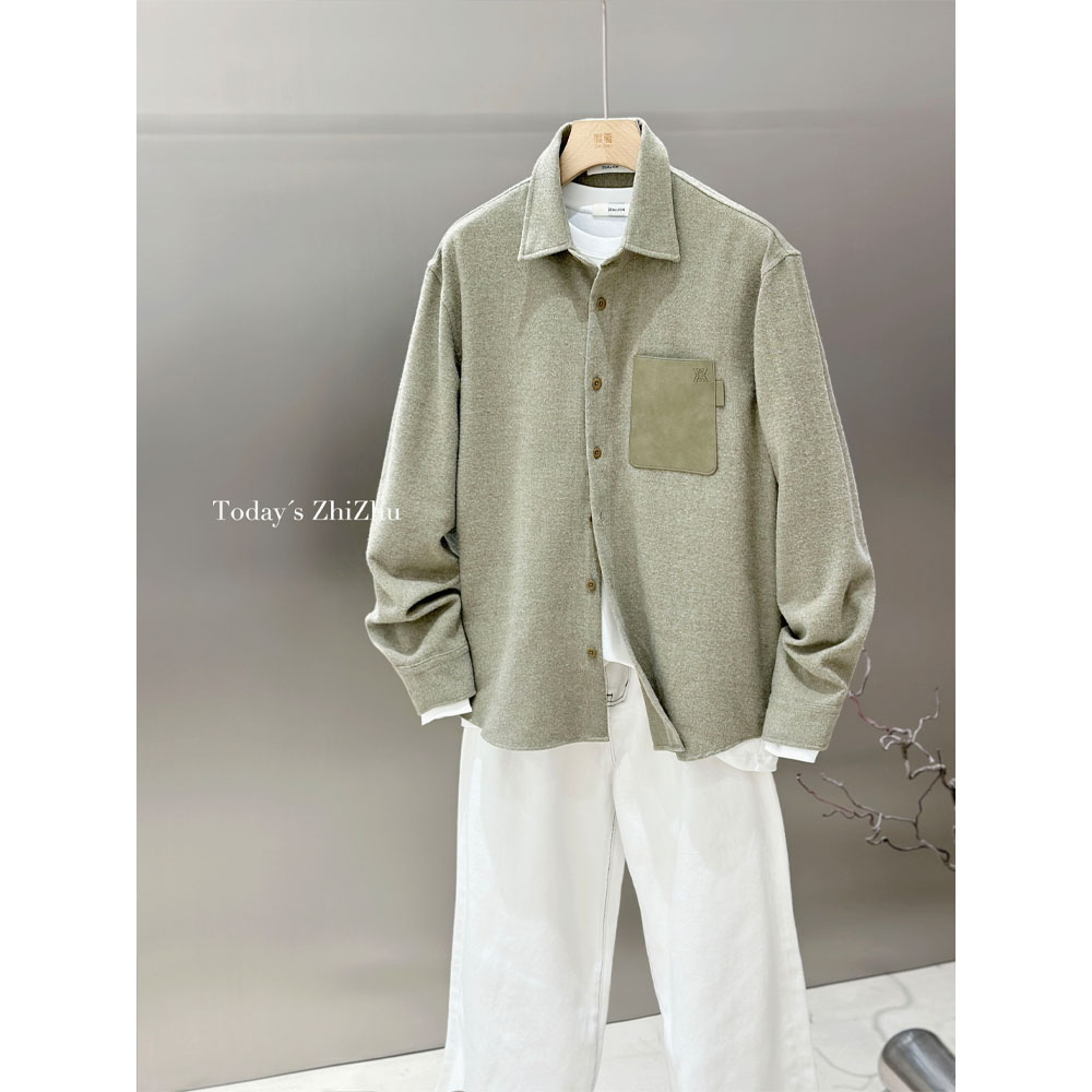 皮革拼接口袋长袖衬衫