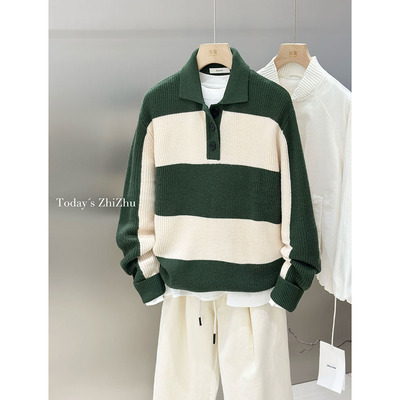 男装复古休闲高级感撞色翻领条纹长袖羊毛混纺毛衣  M25833