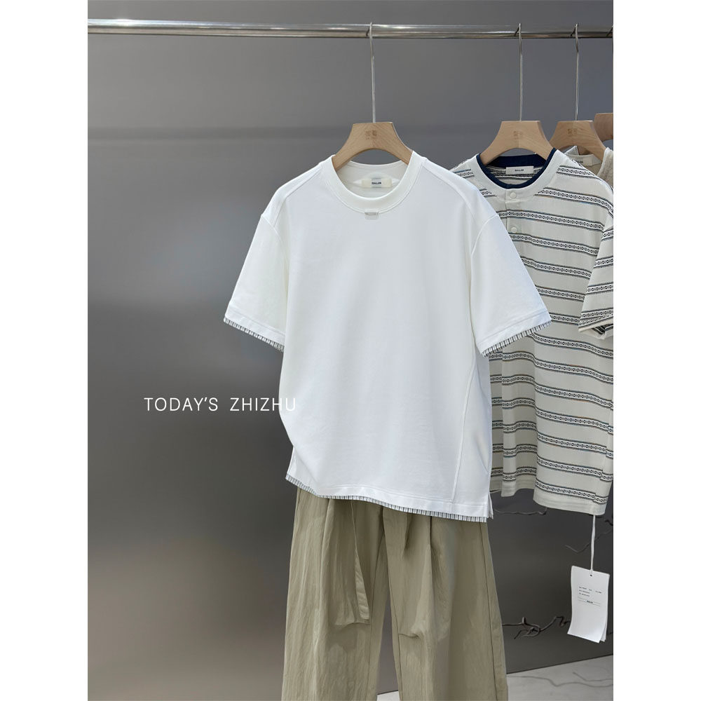 制著男装简约百搭高级感拼接条纹圆领T恤  T26167