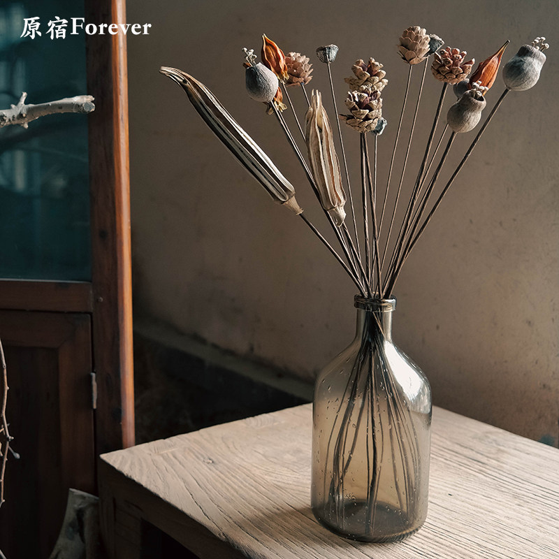 诧寂风干花套装天然植物风干花瓶松果秋葵装饰客厅家居摆件组合
