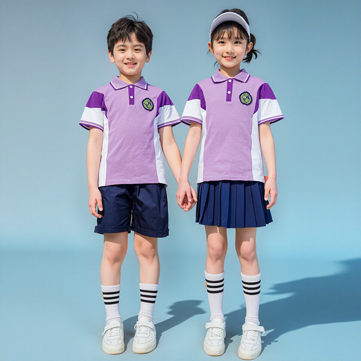 中小学生校服夏季套装幼儿园园服儿童紫色短袖运动班服六一毕业照