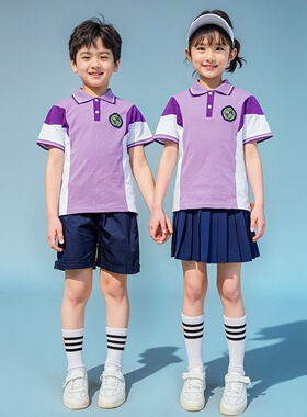 中小学生校服夏季套装幼儿园园服儿童紫色短袖运动班服六一毕业照