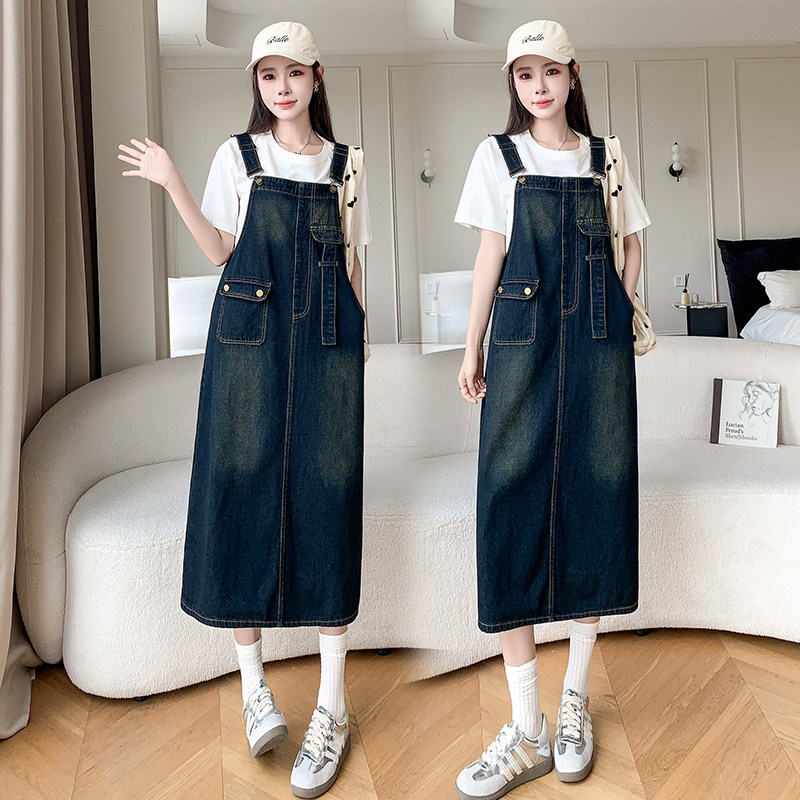 2025春秋新款宽松大码休闲韩版百搭牛仔背带裙长款过膝显瘦连衣裙