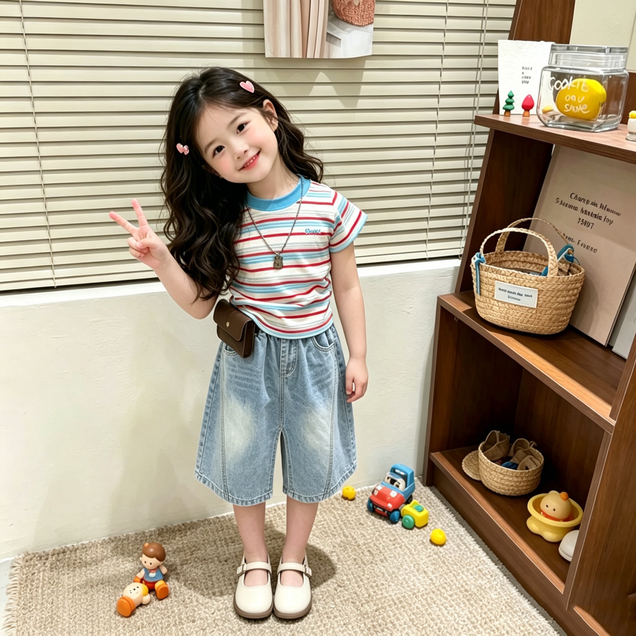 女童套装夏季新款洋气儿童牛仔五分裤宽松韩版条纹短袖T恤两件套图片