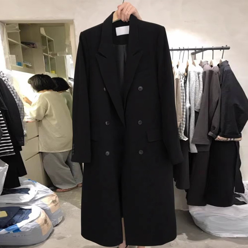 黑色长款过膝西装外套女