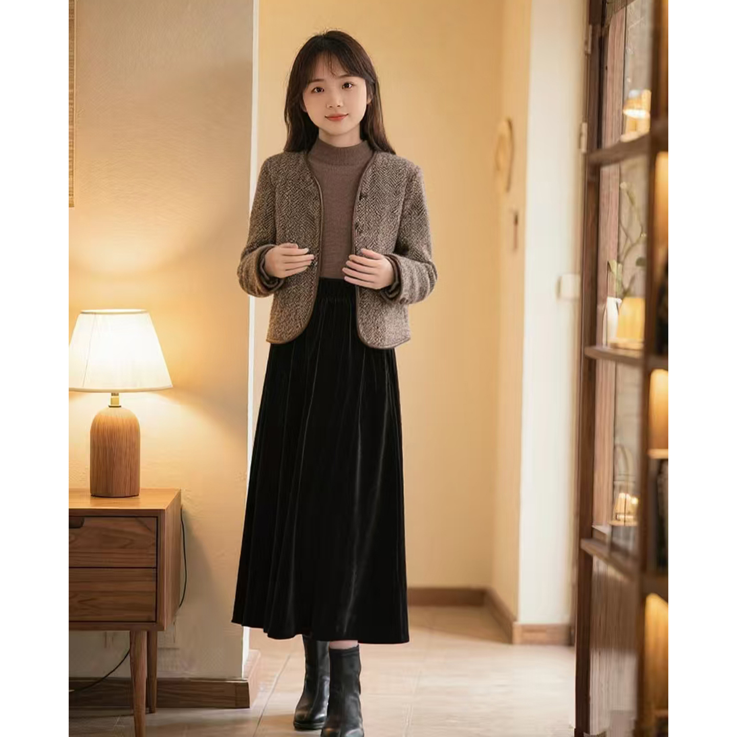 丝绒半裙新款春秋冬大码松紧腰长款搭配上衣外套高端气质桑蚕丝女