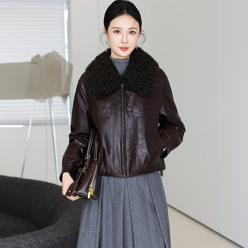 海宁真皮鹅绒服绵羊皮短款皮衣女
