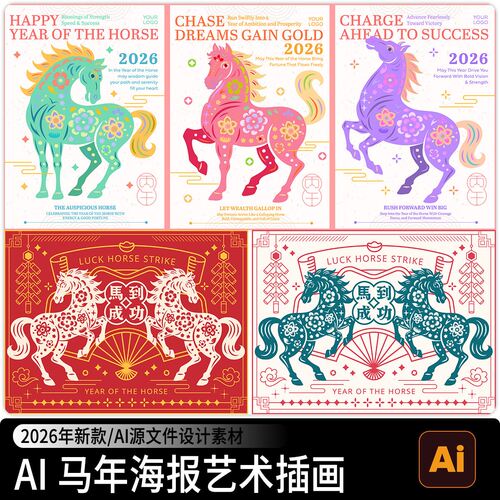 2026马年新年春节国潮艺术插画图案海报背景封面AI矢量设计素材