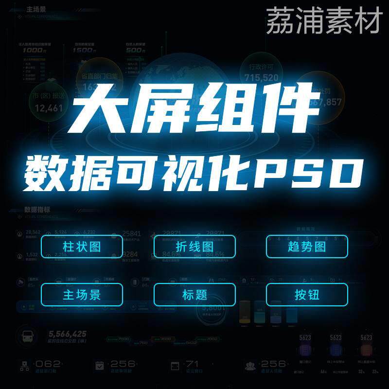 数据bi大屏可视化ui组件库标题边框图表ui界面科技感psd设计素材