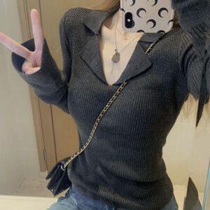 洋气polo领~巨显身材毛衫修身显瘦复古针织衫内搭外穿长袖毛衣L
