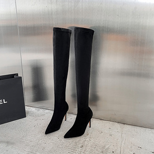 粗腿显瘦过膝长靴女2025秋冬新款尖头细跟高跟长筒袜子高筒弹力靴