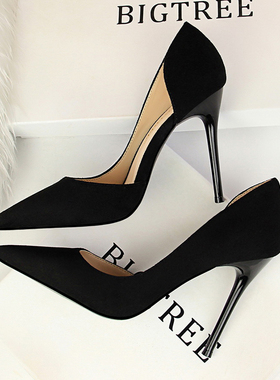 韩版时尚尖头鞋春秋新款黑色法式高跟鞋细跟性感百搭职业OL女单鞋