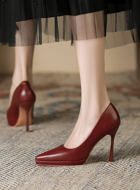 酒红色高跟鞋女细跟2025春季新款10厘米性感尖头防水台不累脚单鞋