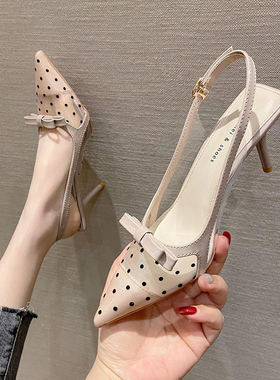 透气凉鞋2025年新款波点网纱高跟鞋女细跟蝴蝶结中跟后空尖头单鞋