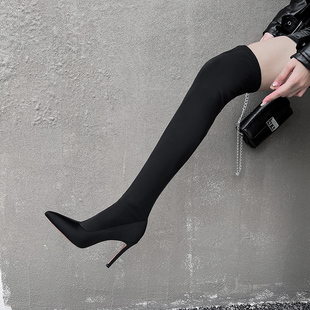 2025年超火大码尖头细跟长筒靴女高跟过膝靴黑色高筒长靴弹力袜靴