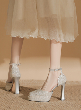 不累脚玛丽珍新娘主婚纱鞋粗跟厚底神器防水台高跟鞋女订婚水晶鞋