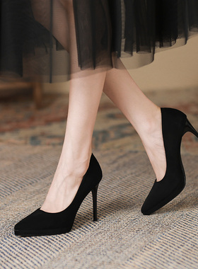 2025春秋季新款绒面尖头防水台高跟鞋女细跟百搭夜店网红单鞋黑色