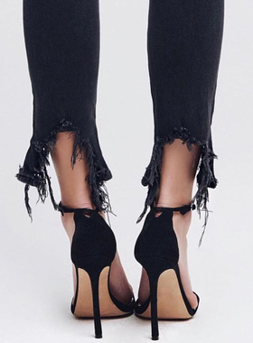 2025夏季裸色细跟一字扣带露趾凉鞋女网红性感高跟鞋黑色百搭12cm