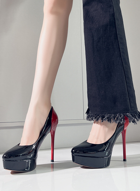 2025春季新款黑色圆头防水台恨天高跟鞋女12CM细跟性感不累脚皮鞋