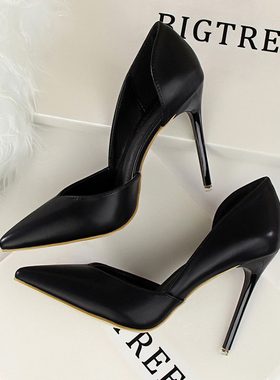 2025新款春秋季白色尖头高跟鞋女中细跟韩版百搭黑色工作职业单鞋