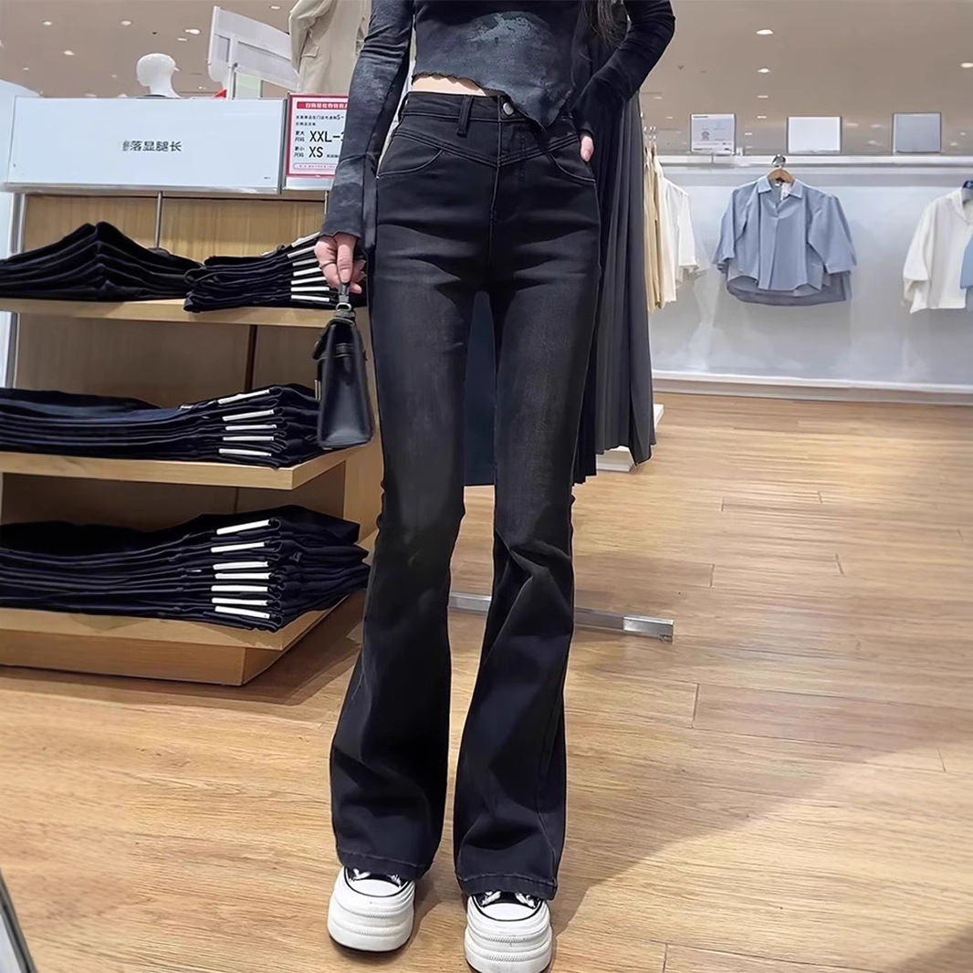 青骊-2025新款黑灰色微喇牛仔裤女夏季年感喇叭裤高腰显瘦马蹄裤