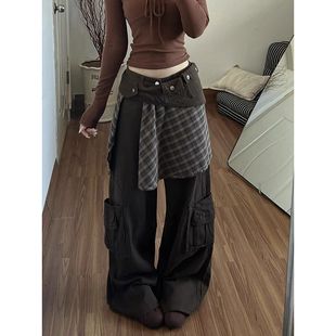 美式复古棕色屁帘裤子女春秋季辣妹宽松格纹拼接高腰假两件牛仔裤